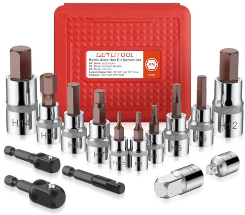 GETLITOOL Allen Hex Bit Socket Set 2.5mm-14mm, Premium S2 Alloy Steel Metric Allen Socket Set, 15 Piece Hex Socket Set with Socket Adapter for Car, Trucks Repair, 1/4, 3/8 and 1/2 Drive