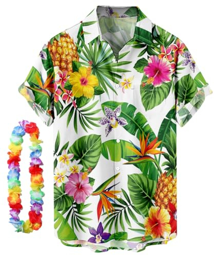 CIZEUR Chemise hawaïenne Homme Imprimée à Manches Courtes Colorées- Fleurs -Ananas -Coco-Flamants Roses，L WT-Feuille Verte et Ananas