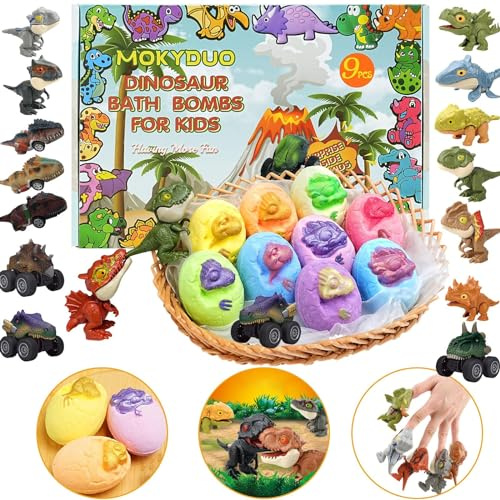 MOKYDUO Bombe da Bagno per Bambini, Educative, Regalo, Compleanno, Festa dei Bambini, Natale, Ragazzi, Ragazze, Incluse 9 Bombe da Bagno e 3 Giocattoli di Dinosauri (Dinosauri Estinti)