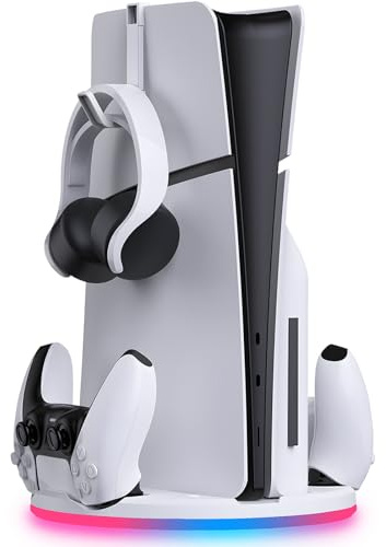 Stand with Dual Controller Charger for PS5 Slim - Playstation 5 Stand with Twin Controller Charging Station and Headset Holder - RGB Lighting - Fast Charge - For Dualsense and Dualsense Edge