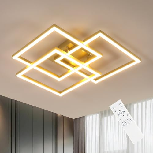 DELIPOP Lampara Techo salon LED Regulable, 40W 4500LM Moderno Plafon Led Techo con Mando a Distancia 3000K-6500K, Cuadrado Dorado Luz de Techo Acrílico Para Dormitorio Salon Comedor, Diámetro 62cm