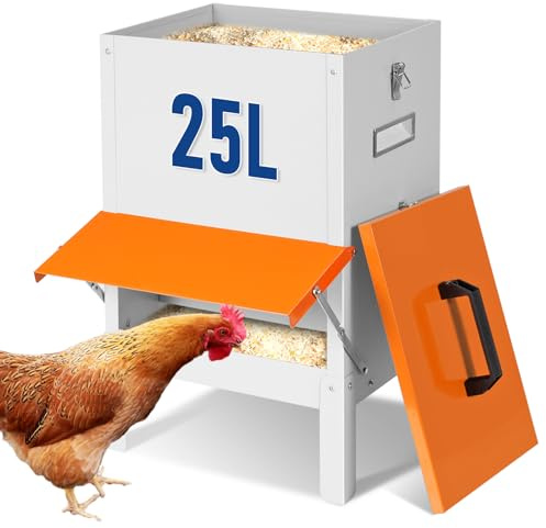 Futterautomat Hühner, Metall Hühner Futterspender Ohne Verschwendung GroßE HäNgende HüHnerfuttertröGe Mit Deckel FüR HüHner, Enten, GäNse, Tauben, Hunde, 25L Hühnerfütterung