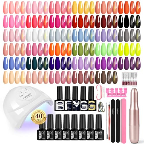 PHOENIXY Kit Uñas Semipermanentes Con Taladro de Uñas y Lámparas UV 35 Colors Esmaltes Semipermanentes Para Uñas 54 PCS Kit de Manicura Profesional Con 4 Capas Superiores de Efecto Regalo Para Mujeres
