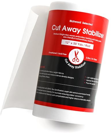 Poolin Richword Selected Cut Away Embroidery Stabilizer for Knits, 2.5 oz Medium Weight — Anti-Pucker Permanent Backing, 12 x 50 Yds Roll for Hoodies, Fleece & Babywear