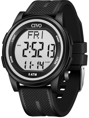 CIVO Digital Mens Watches Sports: 50m Waterproof Black Wristwatch with Stopwatch Alarm Date - LED Screen Big Numbers Watch for Men Outdoor - Camping Hiking Cycling