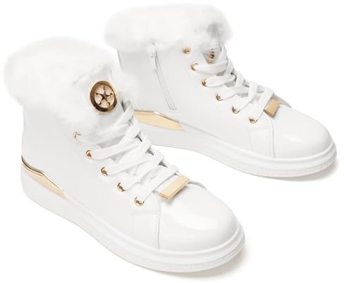 Caldi stivali invernali da donna – scarpe da ginnastica antiscivolo con fodera in pelliccia sintetica, cerniera interna, impermeabili, comodi stivaletti, scarpe con lacci per l'esterno-White Gold-37