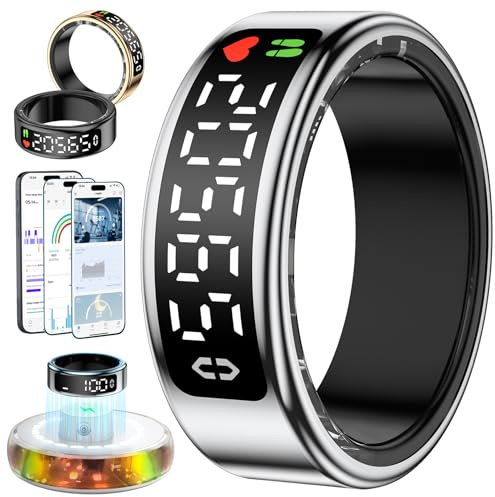 2026 Anillo Inteligente Hombre Mujer, Smart Ring con Pantalla LED, Health Fitness Ring Tracker IP68, Smartring con iOS y Android para Monitorear el Sueño/Pulsometro/SpO2/Estrés/HRV (Plateado, 8)