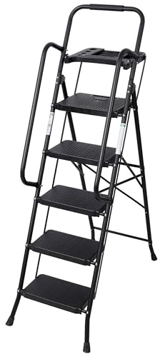5 Step Ladder Folding Step Stool - Wide Anti-Slip Pedal, 330 lbs Capacity, Steel Frame with Handrail, Lightweight Portable for Home Kitchen Garage Office