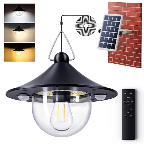 Quntis Lampada Solare da Esterno con Telecomando, 80 LED & Lampadina E27, Lampadario Sospesi con 2 Sensore di Movimento, 5 Modalità, 2700K-6500K, Impermeabile IP65 Luci per Gazebo Balcone Giardino
