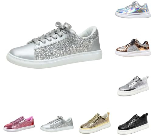 Scarpe da ginnastica da donna con glitter a mezza altezza, con paillettes in argento, scintillanti, per feste, carnevale, festival, matrimoni e camminate, Argento 3., 39 EU