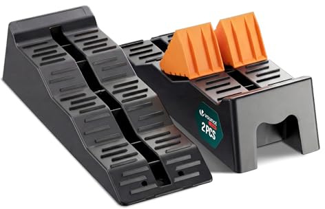 VOUNOT® 2er Set Auffahrkeile für Wohnmobil, Caravan Nivellierrampe mit 3 Höhenstufen und integrierten Unterlegkeilen, bis 5 Tonnen, rutschfeste Auffahrkeile für Wohnwagen, Camper, Anhänger & PKW