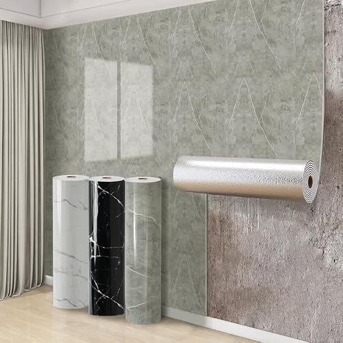Swehooirt 8 Roll Self Adhesive Thermal Wallpaper 2.3mm Thick Grey Marble Vinyl Peel and Stick Wallpaper for Bad Cold Walls Insulating Wall Covering Roll Waterproof Damp Proof Kitchen