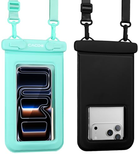 CACOE [Flytbart vattentätt mobilskal, 2-pack, IPX8-vattentätt fodral med justerbart bärband (upp till 9,0 tum), vattentät väska, perfekt för strand och kryssningar (svart + grön)