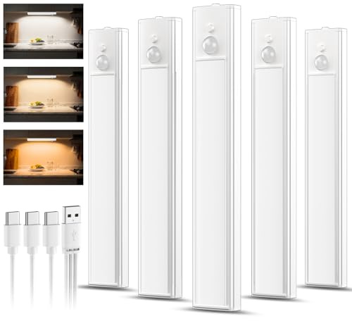 daphomeu 5 Pack Rechargeable Under Cupboard Kitchen Lights 3 Colors | Dimmable Cabinet Light , LED Motion Sensor Lights Indoor, Magnetic Stick Wireless Light for Shelf Stairs Wardrobe Closet