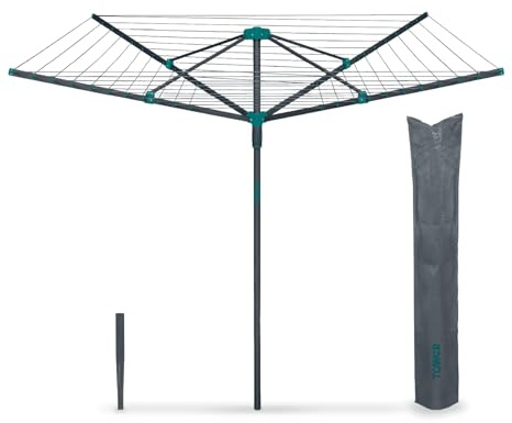 Tower 40m 4-Arm Rotary Airer Washing Line with Cover & Ground Spike, Weather-Resistant, Foldable Steel Frame, Space-Saving Outdoor Clothes Dryer, Anthracite & Teal, T873031TL