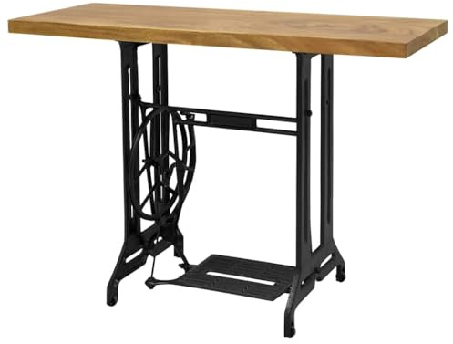 toolkix Mesa consola para máquina de coser de madera maciza y hierro fundido, 110 × 40 × 75 cm, mesa auxiliar vintage con pedal móvil y ruedas giratorias para salón, oficina, dormitorio, pasillo