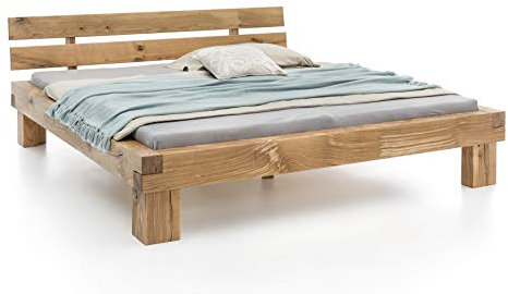 WOODLIVE DESIGN BY NATURE Massivholzbett Balkenbett Doppelbett in Wildeiche Vollmassiv (140x200)