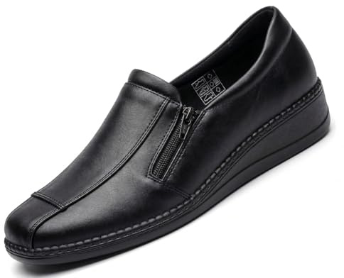 Cushion Walk Women's Ladies Lightweight Black Faux Leather Slip-on Flat Zip Shoes, Flats, Casual Work Office Comfort Shoes (5 UK, Black)