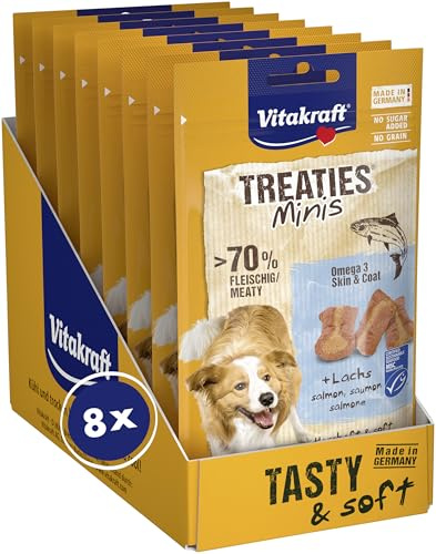 Vitakraft Treaties Minis, hundgodis, mjukt hundmellanmål fylld med lax, med Omega 3, hundträning godis (8 x 48 g)