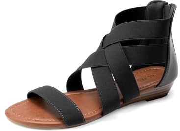 DREAM PAIRS Elastic Strappy Flats Sandals Womens Open Toe Summer Beach Low Wedges Shoes ELASTICA8,Size 6,Black,ELASTICA8