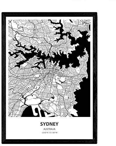 Nacnic Poster mappa di Sydney - Australia. Fogli città in Australia con i mari e fiumi, in colore nero. formato A4