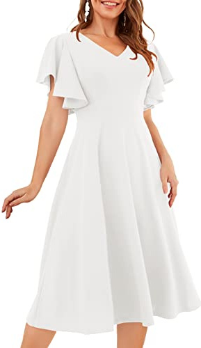 Bridesmay Semi Formal Wedding Guest Dresses Ruffle Sleeve Tea Party Dress for Women V Neck Swing Cocktail Dresses White L