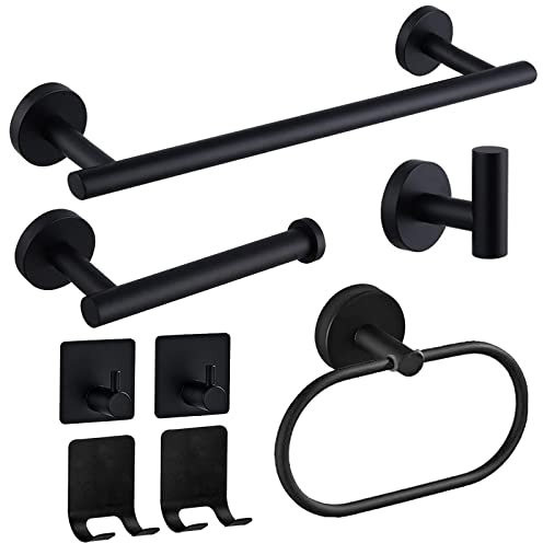 Linyoish 8-teiliges Badezimmerzubehör-Set aus Edelstahl, Handtuchhalter, Toilettenpapierhalter, Handtuchring, Kleiderhaken, 2 Klebehaken,2 Rasiererhalter (Schwarz)