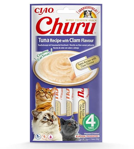 INABA Churu Püree Katzensnacks - Katzenpaste zum Füttern aus der Hand - Katzensticks mit Thunfisch & Venusmuschel - 4 Sticks x 14 g
