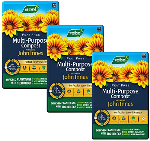 Westland Multi-Purpose Garden Compost - Peat Free Multi Purpose Compost Soil with John Innes, 3 x 25L Bags with Topline Card for Indoor & Outdoor Plants, Growing Vegetables.