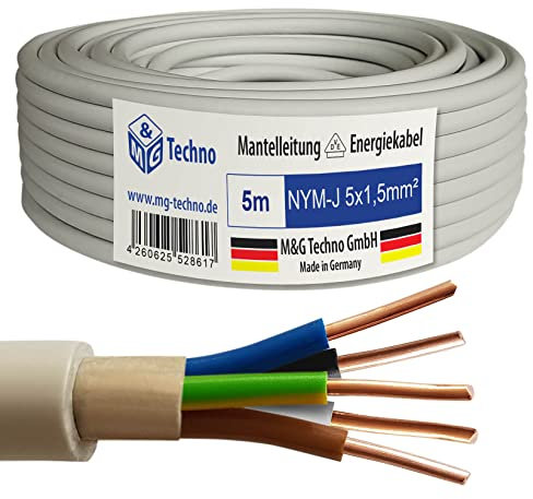 M&G Techno 5m NYM-J 5x1,5 mm² Mantelleitung Feuchtraumkabel Elektrokabel Kupfer Made in Germany