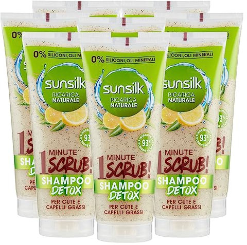 Sunsilk Shampoo Scrub Detox Ricarica Naturale per Cute e Capelli Grassi con Tè Verde e Limone Ingredienti di Origine Naturale Senza Siliconi - 8 Flaconi da 200ml