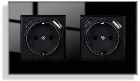 JIMEIDA Glas Doppelsteckdose mit USB Schwarz Unterputz, USB A und Typ C Port max.2.1A, 16Amp Gehärteter Glasscheibe Steckdose 157mm*86mm,2 Fach, 250V