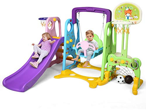 GYMAX Toddler Swing and Slide Set, 6 in 1 Children Climber and Swing Set with Height Adjustable Basketball Hoop & Football Gate, Kids Playground Activity Centre for Indoor Outdoor(Bear Pattern)