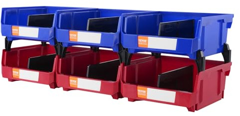 VEVOR Stapelboxen 6er-Set Sichtlagerboxen Blau/Rot (3 Behälter pro Farbe) Sichtlagerkästen PP Lagerboxen 137x105x78mm Schüttenregal Schraubenregal Sortierboxen Werkstatt Wandregal Büro Schule Garage