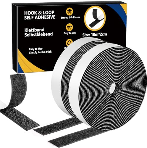 Belcro Adhesivo Doble Cara Fuerte 10m x 20mm, Belcro Adhesivo Fuerte Hook y Loop Auto Adhesivo, Cinta Doble Cara Para Mosquiteras, Pared, Puerta, Metal, Vidrio(Negro)