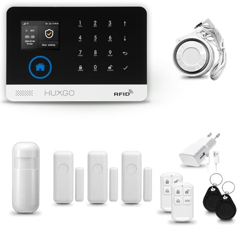 HUXGO® HXA003 Funk Alarmanlage Set WiFi + GSM 4G mit Sirene | Alarm System mit Bewegungsmelder, 3X Tür- Fenstersensor, Fernbedienung | Wohnmobil Alarmanlage | Smart Home Security