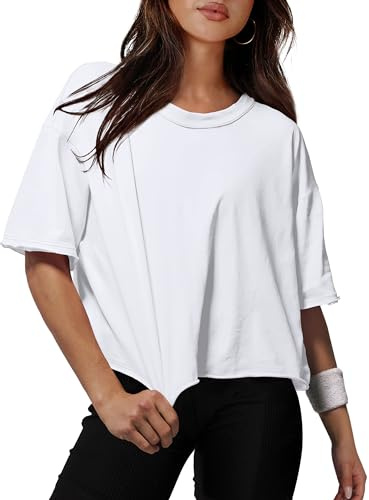 Women's Cotton Crop Tops Drop Shoulder T-Shirts Basic Tee Shirts Workout Tops Oversized White S
