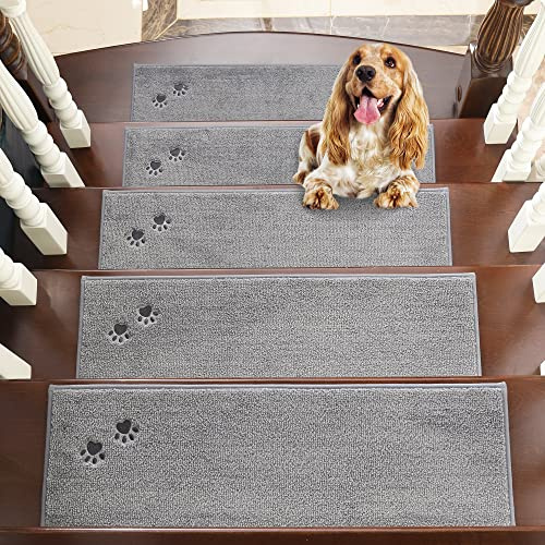 BEQHAUSE Juego de 15 alfombrillas antideslizantes para peldaños interiores de fácil montaje, color gris
