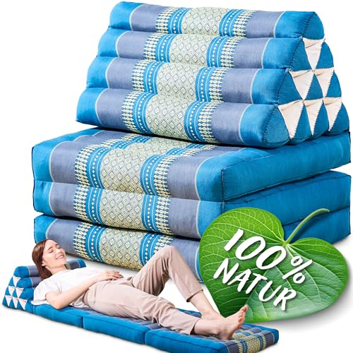Namasdee Thaikissen 3 Auflagen 175x50x8cm mit 100% natürlicher Kapokfüllung (Hellblau)