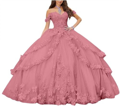 Yifanier Vestidos de quinceañera con Hombros Descubiertos para Mujeres Adolescentes Vestidos de Fiesta con Apliques de Encaje Floral 3D Vestido de Fiesta Formal MT017
