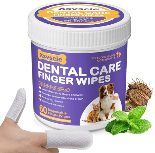 Toallitas Dentales para Perros 60 Piezas- Limpiar Dientes Perro, Almohadillas de Limpieza de Dientes Naturales para Perros, Cuidado Dental para Mascotas- Ayuda Contra El Mal Aliento