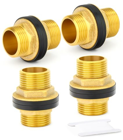 ERGAOBOY 4 Piezas de Conector de Tanque de Agua pasamuros de latón, Racor Macho roscado de 3/4 BSP con 2 Anillos de Goma para barriles de Lluvia, acuarios y cubetas