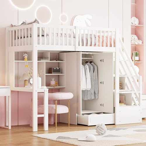 YCYDHDM Cama alta para niños de 90 x 200 cm con armario y mesa, litera con cajones y escalera de almacenamiento, marco de cama con somier y protección anticaídas, color blanco