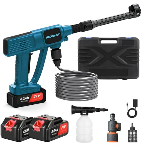 Idropulitrice a batteria, pistola idropulitrice da 21 V, dotata di 2 batterie da 4000 mAh, ugello multifunzione 6 in 1, tubo da 5 metri, batteria per lavaggio auto e giardino
