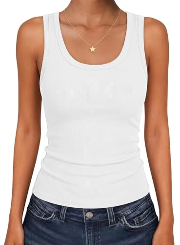 Cuptacc Débardeur d'été côtelé pour femme - Col en U - Couleur unie - Coupe ajustée - Décontracté - Sans manches