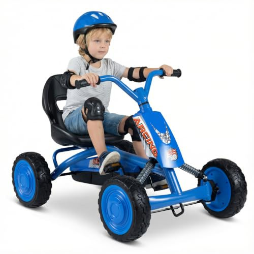 COSTWAY Kids Pedal Go Kart, Ride On Racer with 2-Position Seat (Blue) | Wear-Resistant Wheels, Children Pedal Go-karts for 3 Years Old+ Boys Girls