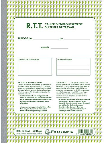 Exacompta - Réf. 13136AE - 1 Manifold R.T.T Enregistrement du temps de travail - 50 feuillets numérotés et autocopiants - duplicatas (1 original + 1 copie) - format A4 - fabriqué en France