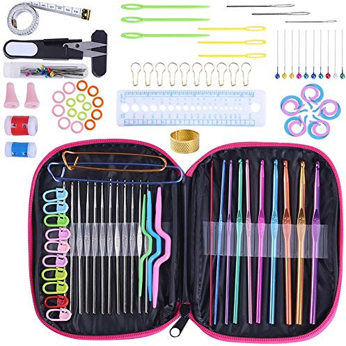 Soleebee Alles-in-Einem Top Qualität Häkelnadeln Set 100 Stück Stricknadeln Zubehör mit Pink tragbaren Tasche, Bunte Ergonomische Häkeln Stricken Nadeln ergonomischen Griff für extremen Komfort (A)