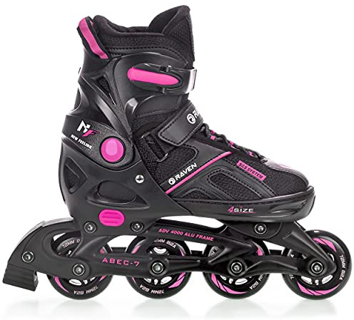 Raven Pulse – Pattini a rotelle per bambini, ragazze, ragazzi, adulti, bambini – 2 in 1 con opzione pattini da ghiaccio – Regolabili – Black/Fuchsia senza Pattini, 37-40 (23,5-26cm)
