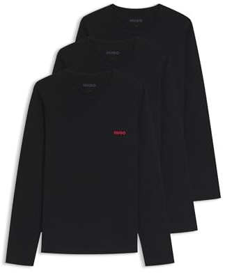 HUGO Mens LS-Shirt RN Triplet Three-Pack of Cotton Underwear T-Shirts with Logos Black